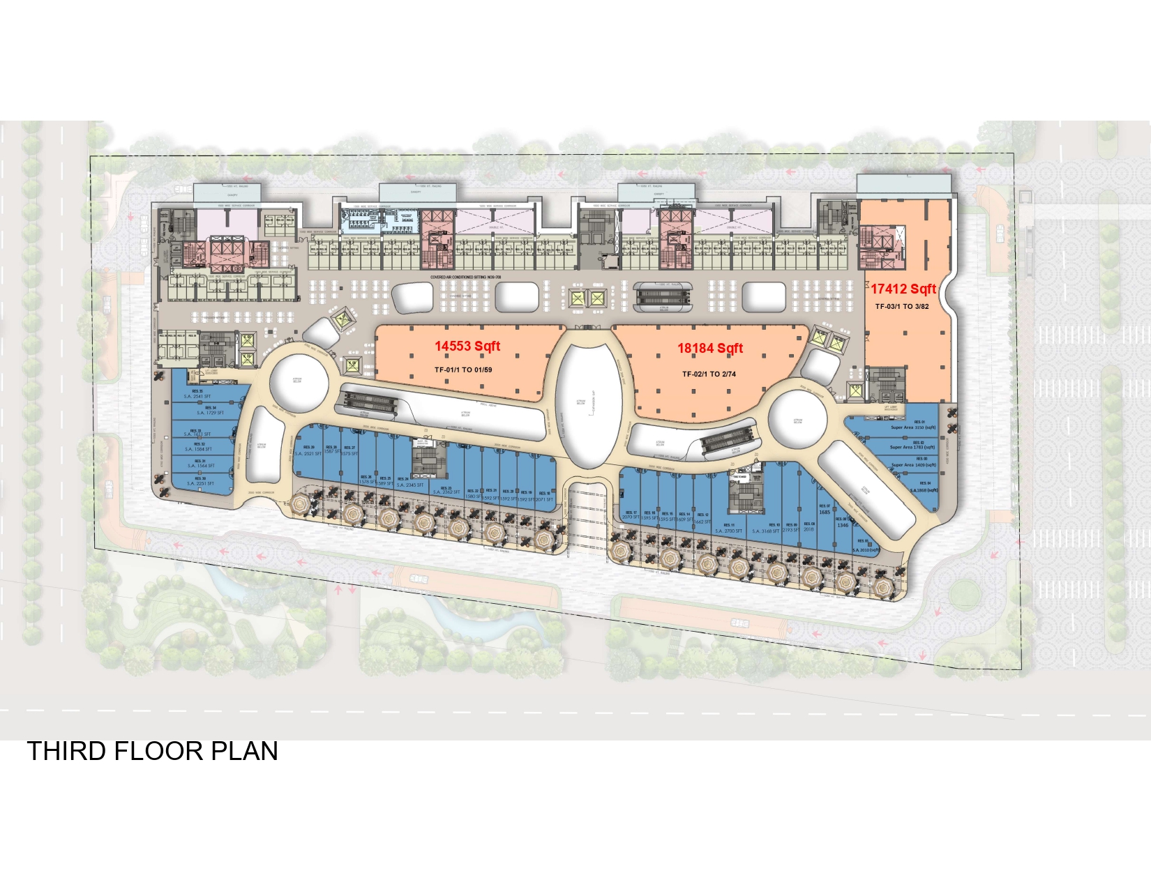 Food court and retail layout
